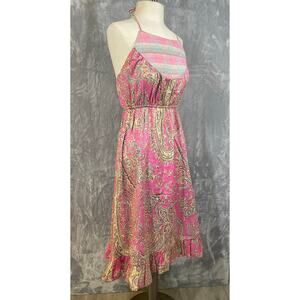 Vintage Tova Celine quilted bib halter midi dress pink paisley babydoll S boho